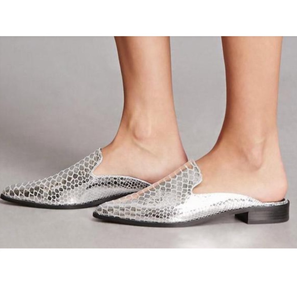 Shellys London Cantara Silver Snake Skin Mules